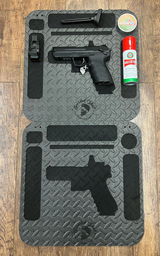 Pistol maintenance matt with cut out sections for accessories or cleaning products.